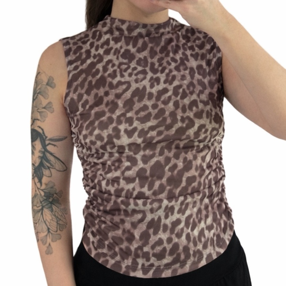 Neutral Leopard Print Mock‎ Neck Ruched Tank Top | Fitted Y2K Style